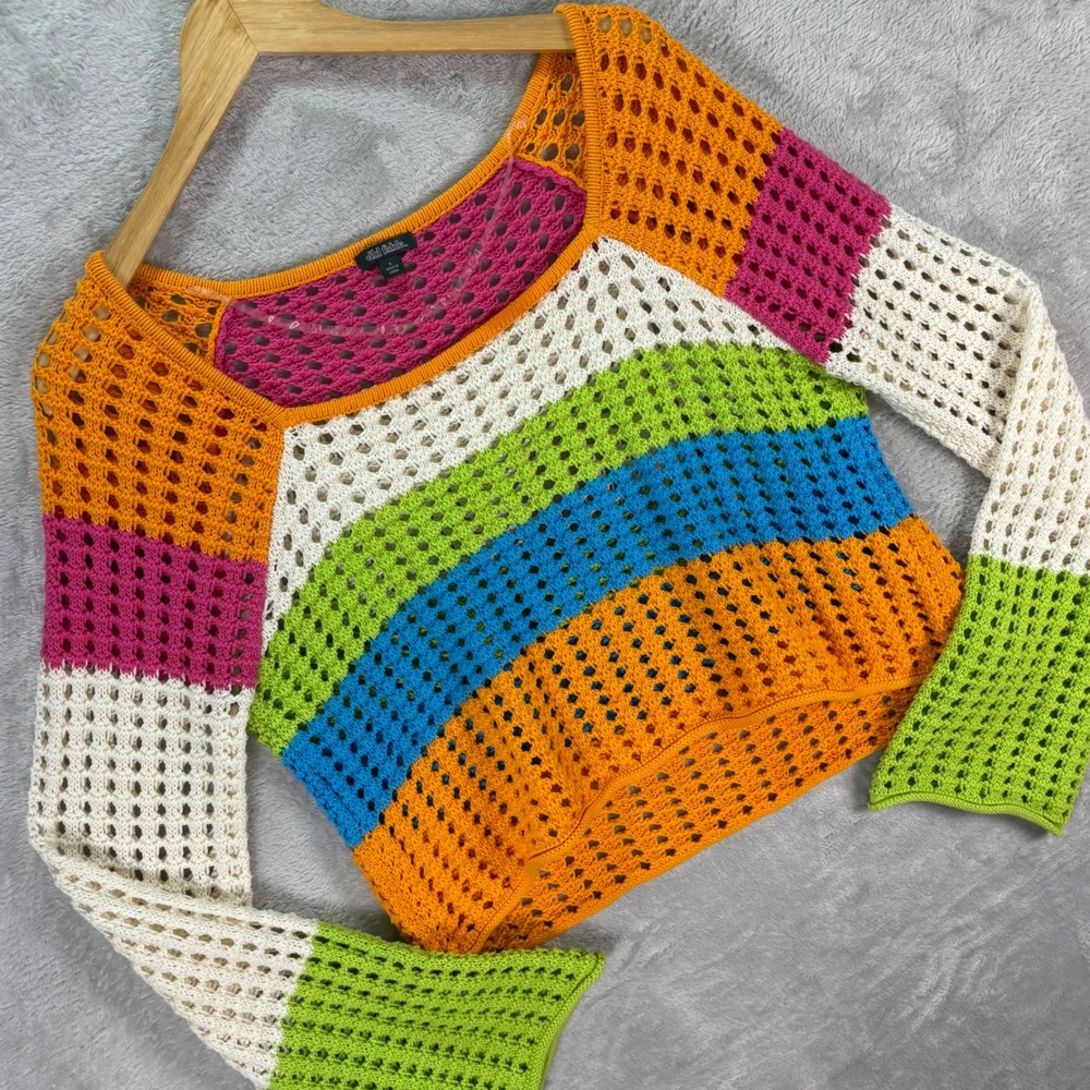 Wild‎ Fable Women's Rainbow Crochet Sweater Colorblock Knit Y2K Festival Sz S